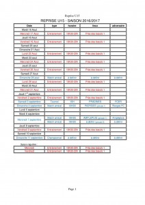 PLANNING REPRISE 2016 U15